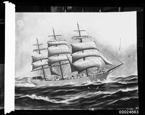 Three-masted ship TAMAR under partial sail