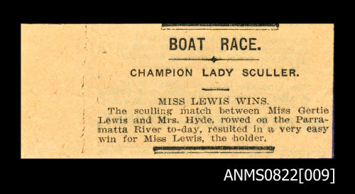 The sculling match between Miss Gertie Lewis and Mrs Hyde resulted in a very easy  win for Miss Lewis