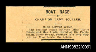 The sculling match between Miss Gertie Lewis and Mrs Hyde resulted in a very easy  win for Miss Lewis