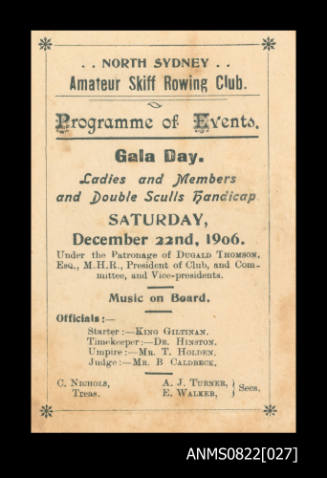 North Sydney Amateur Skiff Rowing Club Programme of Events Gala Day