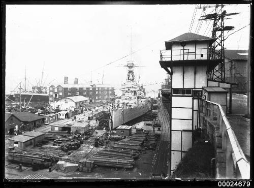 Admiral of the Fleet Viscount Jellicoe’s flagship HMS NEW ZEALAND in the Sutherland Dock at Cockatoo Island