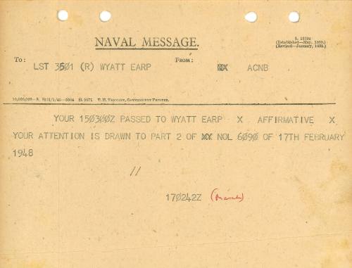 Naval Message from ACNB to WYATT EARP