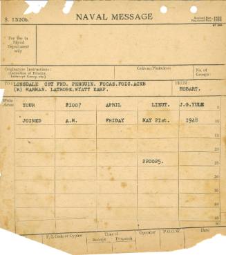 Naval Message from HOBART to LONSDALE CST FND. PENGUIN. FOCAS. FOIC. ACNB (R) HARMAN. LATROBE. WYATT EARP
