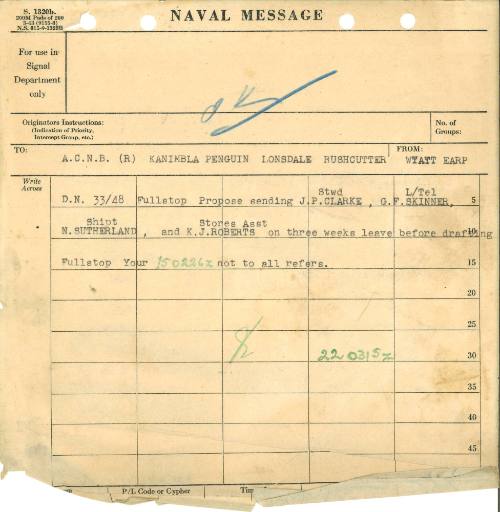 Naval Message from WYATT EARP TO A.C.N.B (R) KANIMBLA PENGUIN LONSDALE RUSHCUTTER