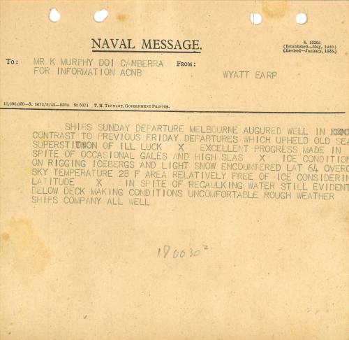 Naval Message to Mr K Murphy DOI Canberra for information ACNB from WYATT EARP