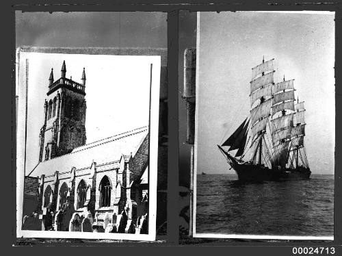 Split image featuring a church and a three-masted ship