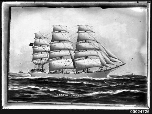 Ship TERPSICHORE a British three masted ship underway at sea.


