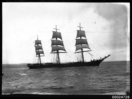 View of TERPSICHORE, British three masted ship departing Sydney.