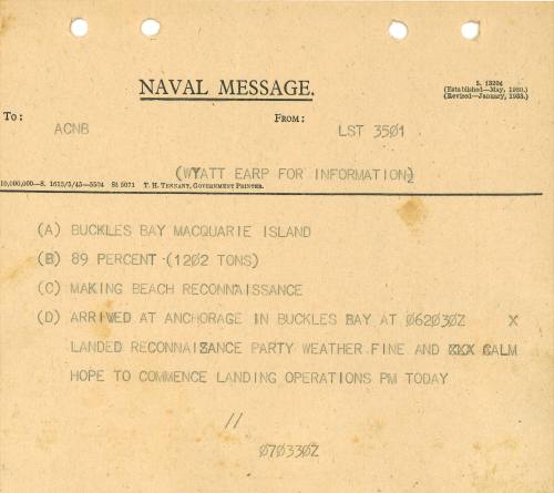 Naval Message to ACBN form WYATT EARP