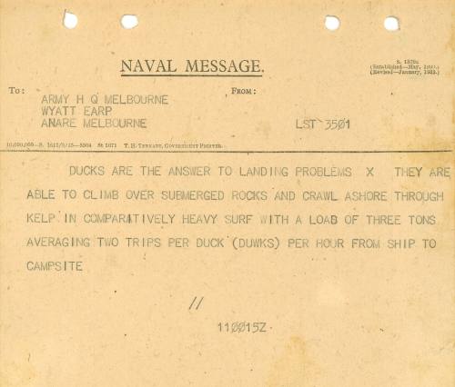 Naval Message to Army HQ Melbourne WYATT EARP Anare Melbourne from LST 3501