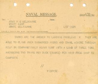 Naval Message to Army HQ Melbourne WYATT EARP Anare Melbourne from LST 3501