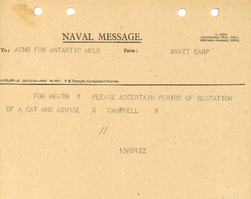 Naval Message to ACBN for Antactic Melb from WYATT EARP