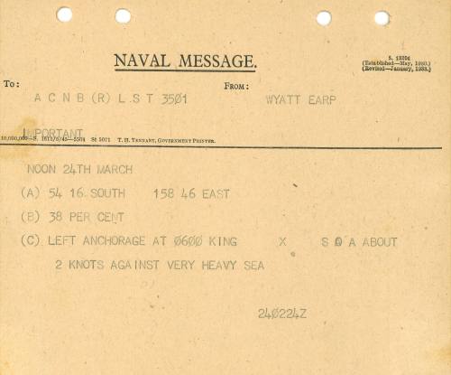 Naval Message to ACBN LST 3501 from WYATT EARP