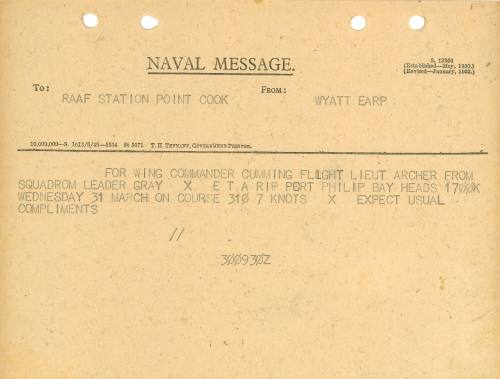 Naval Message to RAAF Station Point Cook from WYATT EARP