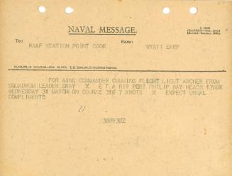 Naval Message to RAAF Station Point Cook from WYATT EARP