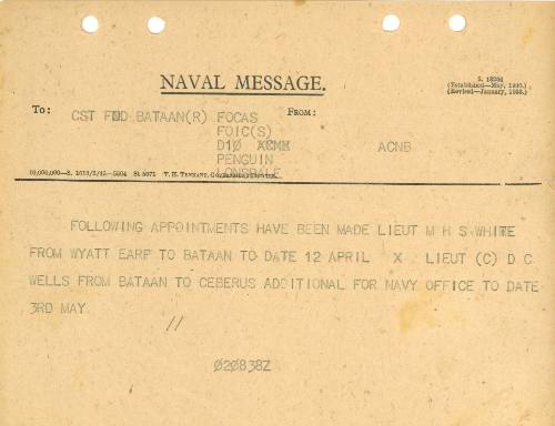 Naval Message to CST FND BATAAN FOCAS FOIC (S) D10 PENGUIN LONSDALE from ACBN