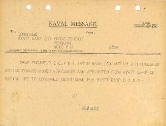 Naval Message to LONSDALE WYATT EARP (R) FOCAS FOIC (S) PENGUIN NOIC PM from ACBN