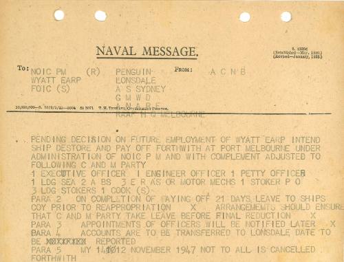 Naval Message to NOIC PM (R) WYATT EARP FOIC (S) PENGUIN LONSDALE AS SYDNEY GMWD ANARE RAAF HQ Melbourne from ACBN