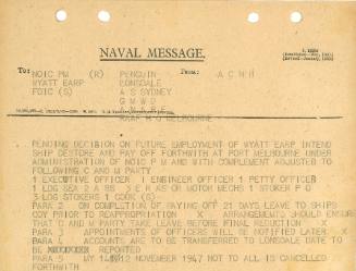 Naval Message to NOIC PM (R) WYATT EARP FOIC (S) PENGUIN LONSDALE AS SYDNEY GMWD ANARE RAAF HQ Melbourne from ACBN