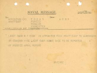 Naval Message to Murchinson (R) WYATT EARP FOCAS FOIC (S) PENGUIN RUSHCUTTER WATSON from ACBN