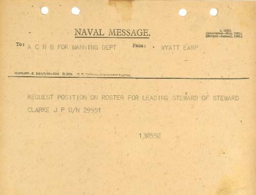 Naval Message to ACBN for Manning Dept from WYATT EARP