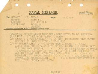 Naval Message to HOBART (R) Harman LATROBE WYATT EARP FOCAS FOIC (S) CSTFND PENGUIN LONSDALE from ACBN