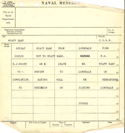 Naval Message to LONSDALE (R) WATSON WYATT EARP ACBN from PENGUIN