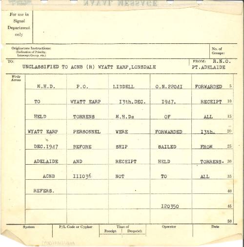 Naval Message to ACBN (R) WYATT EARP LONSDALE from RNO Pt Adelaide