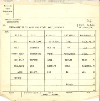 Naval Message to ACBN (R) WYATT EARP LONSDALE from RNO Pt Adelaide