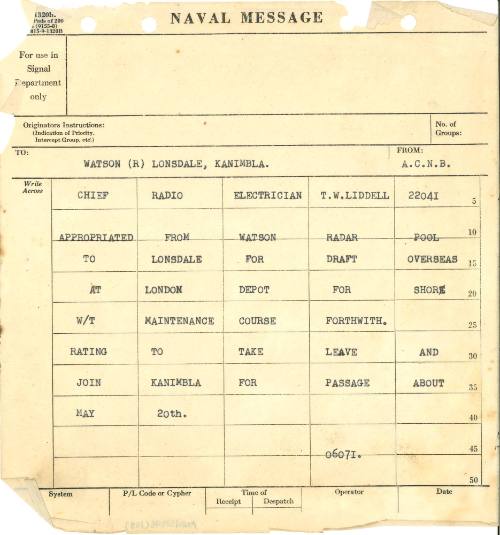 Naval Message to WATSON (R) LONSDALE KANIMBLA  from ACBN