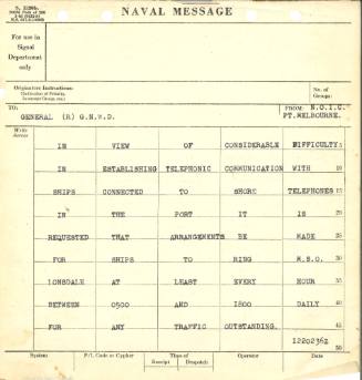 Naval Message to General (R) GNWD from: NOIC Pt. Melbourne