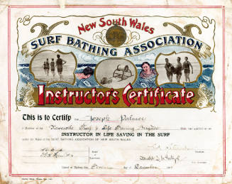 New South Wales Surf Bathing Association Instructor's Certificate awarded to Joseph Palmer 17 December 1919
