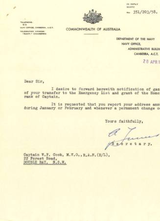 Department of Navy to Captain William Frank Cook, 28 April 1961, notification of gazettal of his honorary rank of captain