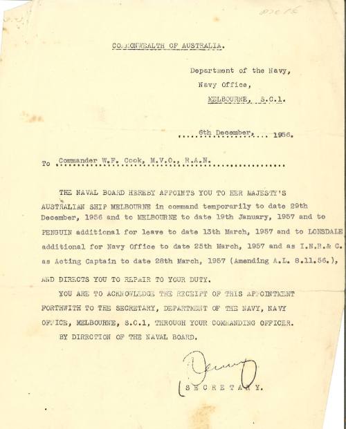 Department of Navy to Commander W.F. Cook, 6 December 1956, on his upcoming postings