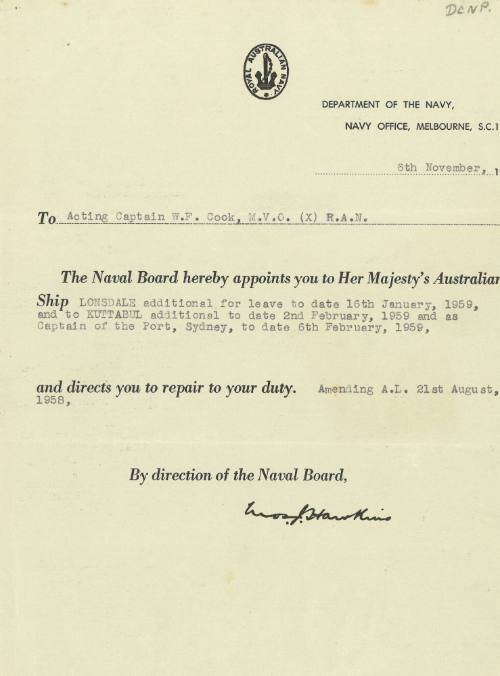 Department of Navy to Acting Captain W.F. Cook, 6 November 1958, appointment to HMAS LONSDALE and Captain of the Port