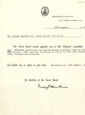 Department of Navy to Acting Captain W.F. Cook, 18 August 1960, resignation accepted