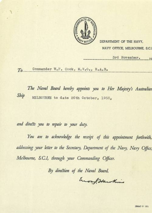 Department of Navy to Acting Captain W.F. Cook, 3 November 1955, appointment to HMAS MELBOURNE