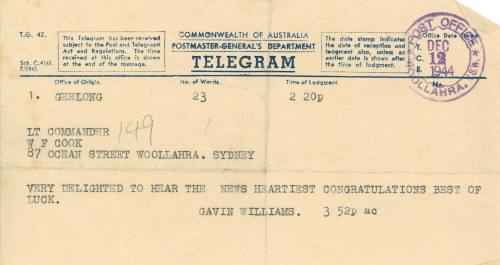 Gavin Williams to Lieutenant Commander W.F. Cook, 12 December 1944, Congratuations