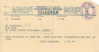 Gavin Williams to Lieutenant Commander W.F. Cook, 12 December 1944, Congratuations