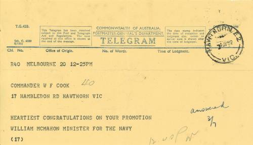 William McMahon, Minister for the Navy, to Commander W.F. Cook, 1 July 1952, congratulations on promotion