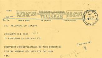 William McMahon, Minister for the Navy, to Commander W.F. Cook, 1 July 1952, congratulations on promotion