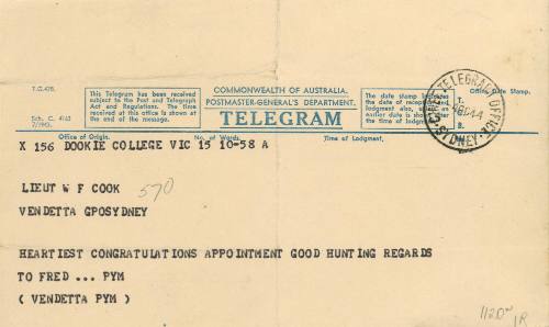 Pym to Lieutenant William Frank Cook, 4 October 1944, congratulations on appointment