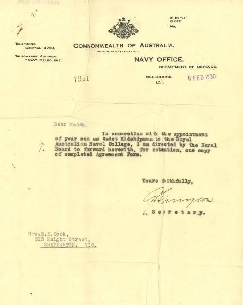 Department of Navy to Mrs E.E. Cook, covering letter for the indenture of her son as cadet midshipman at the Royal Australian Naval College