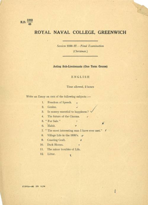 Royal Naval College, Greenwich. Final Examination (Christmas) Acting Sub-Lieutenants. English