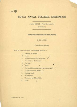 Royal Naval College, Greenwich. Final Examination (Christmas) Acting Sub-Lieutenants. English