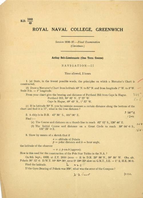 Royal Naval College, Greenwich. Final Examination (Christmas) Acting Sub-Lieutenants. Navigation II