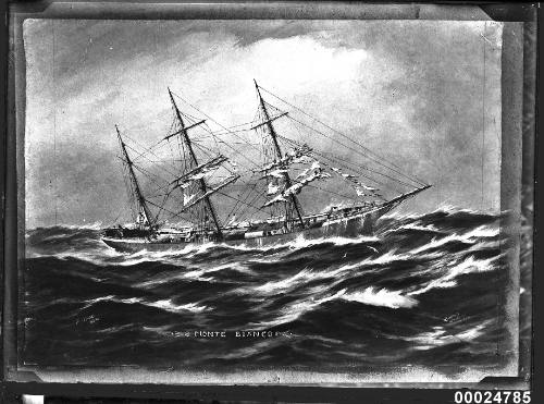 Ship MONTE BIANCO with damaged sails adrift at sea,