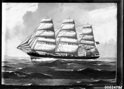 Ship MONTGOMERYSHIRE, three masted ship at sea.