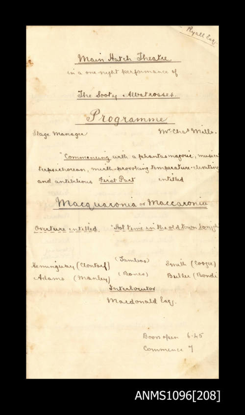 Hand made programme for the Sooty Albatrosses' performance of the Macquaronia