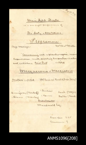 Hand made programme for the Sooty Albatrosses' performance of the Macquaronia